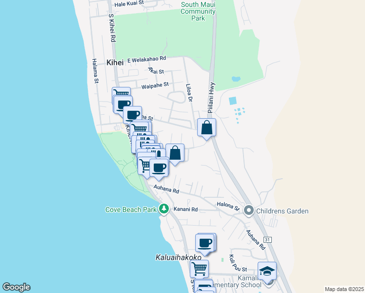 map of restaurants, bars, coffee shops, grocery stores, and more near 143 Keala Place in Kihei