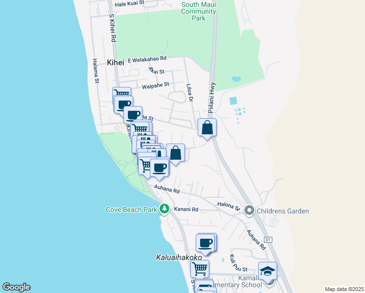 map of restaurants, bars, coffee shops, grocery stores, and more near 143 Keala Place in Kihei