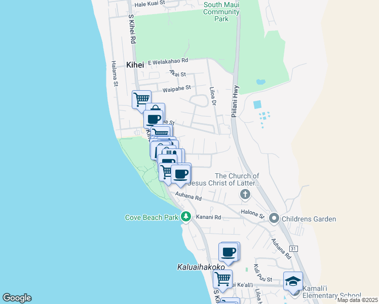 map of restaurants, bars, coffee shops, grocery stores, and more near 1914 Kaahele Place in Kihei