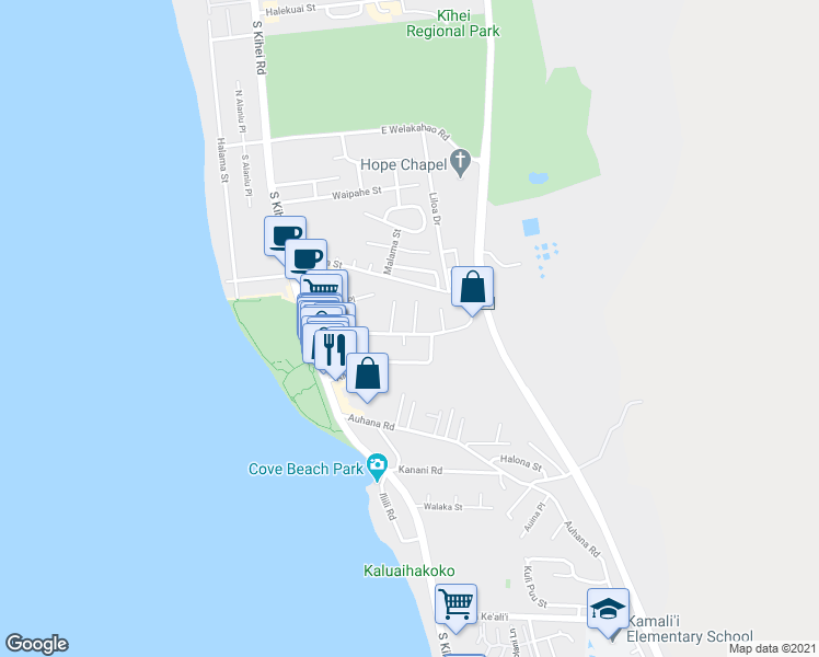 map of restaurants, bars, coffee shops, grocery stores, and more near 1894 Anapa Place in Kihei