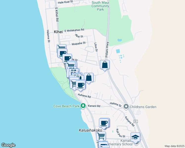 map of restaurants, bars, coffee shops, grocery stores, and more near 143 Keala Place in Kihei