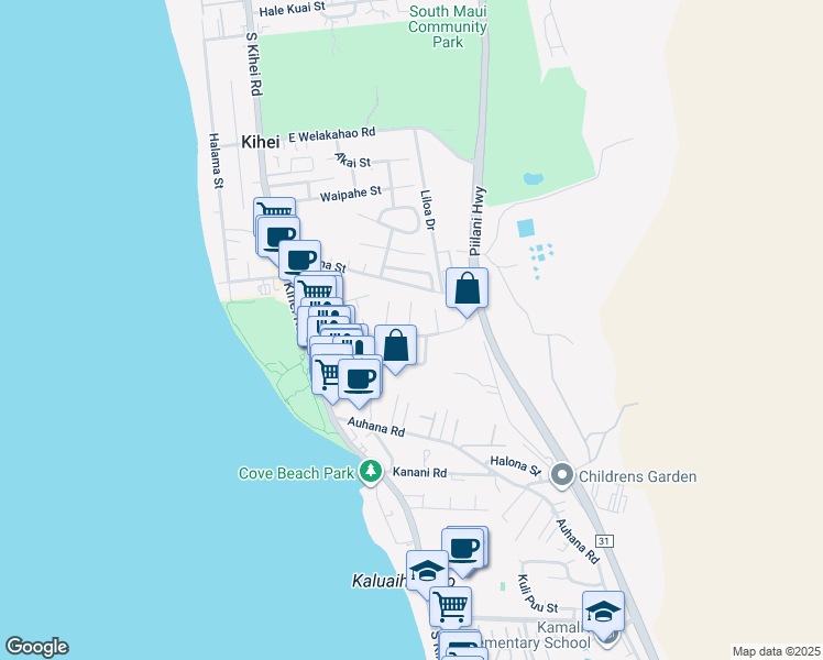 map of restaurants, bars, coffee shops, grocery stores, and more near 1895 Anapa Place in Kihei