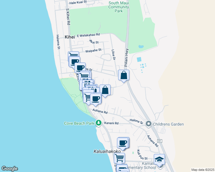 map of restaurants, bars, coffee shops, grocery stores, and more near 1894 Anapa Place in Kihei