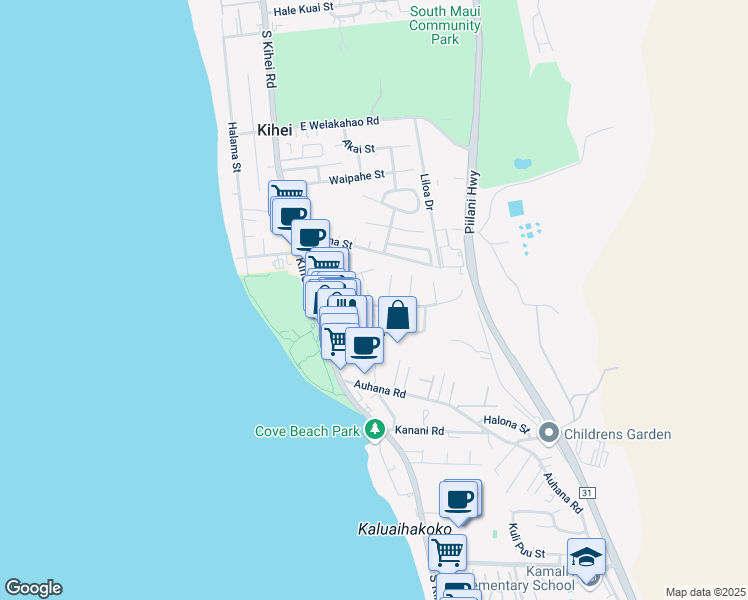 map of restaurants, bars, coffee shops, grocery stores, and more near 85 Keala Place in Kihei