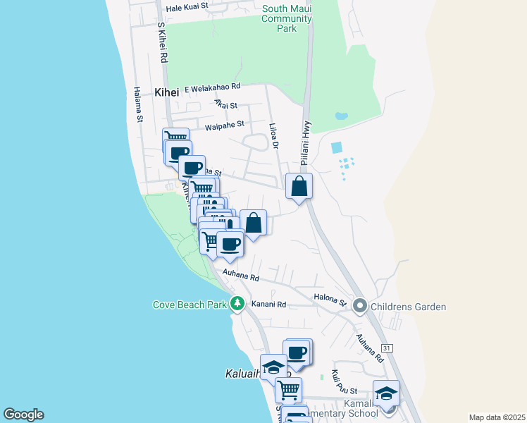 map of restaurants, bars, coffee shops, grocery stores, and more near 1895 Anapa Place in Kihei