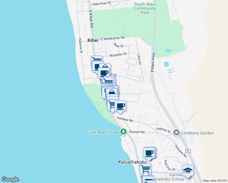 map of restaurants, bars, coffee shops, grocery stores, and more near 41 Keala Place in Kihei