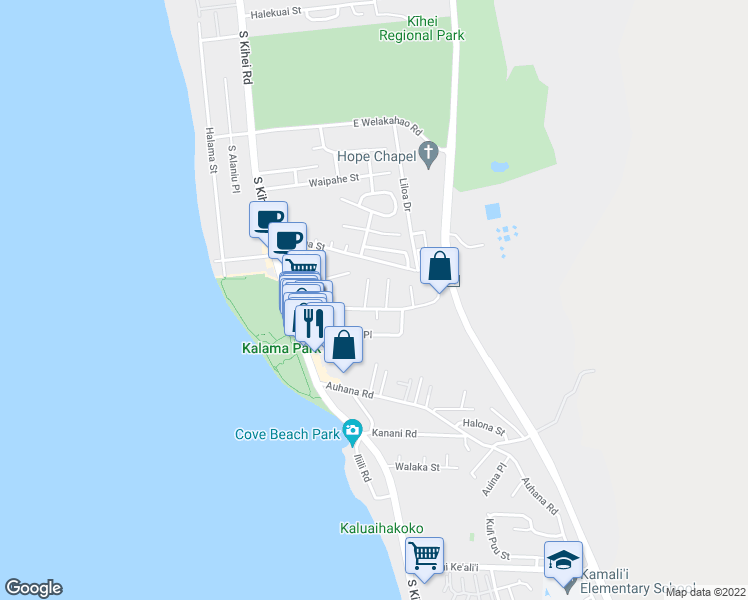 map of restaurants, bars, coffee shops, grocery stores, and more near 1901 Kaahele Place in Kihei