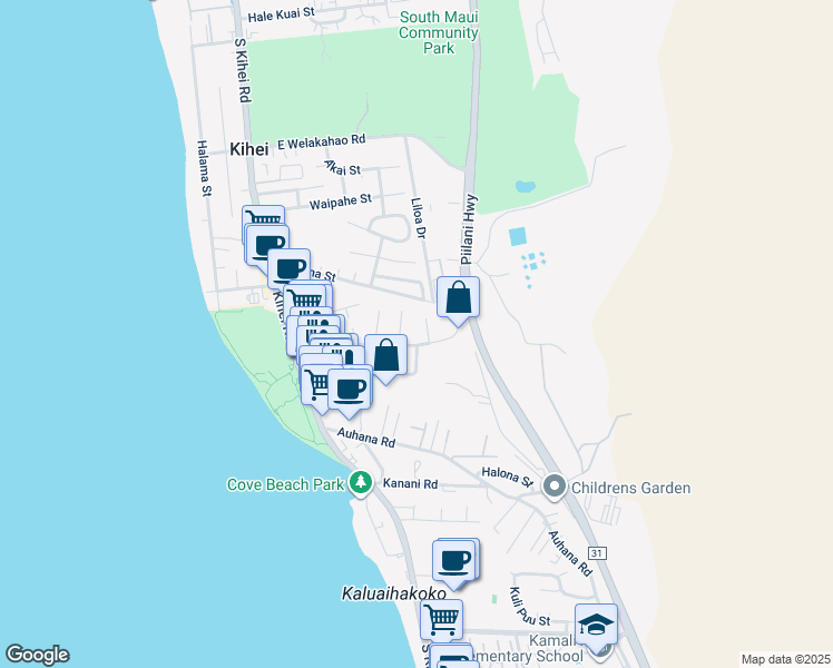 map of restaurants, bars, coffee shops, grocery stores, and more near 155 Keala Place in Kihei