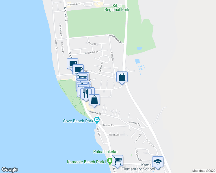 map of restaurants, bars, coffee shops, grocery stores, and more near 1881 Anapa Place in Kihei