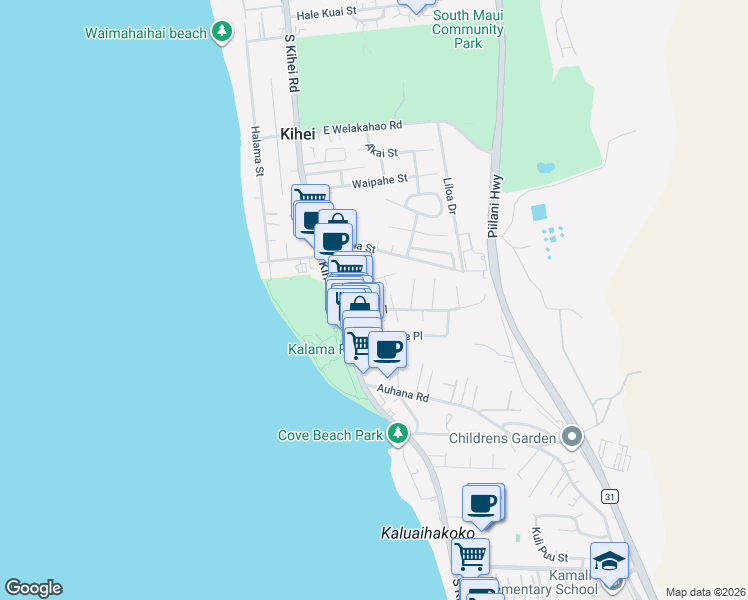 map of restaurants, bars, coffee shops, grocery stores, and more near 59 Keala Place in Kihei