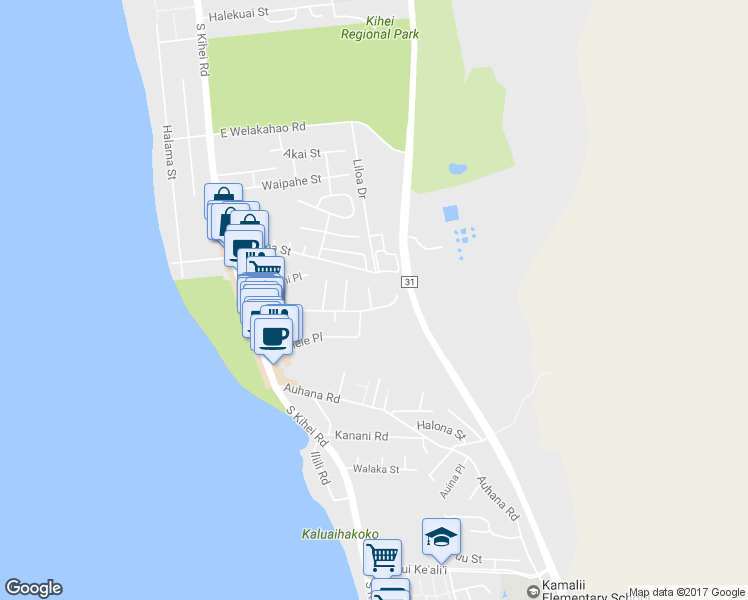 map of restaurants, bars, coffee shops, grocery stores, and more near 16 Hoolalei Way in Kihei