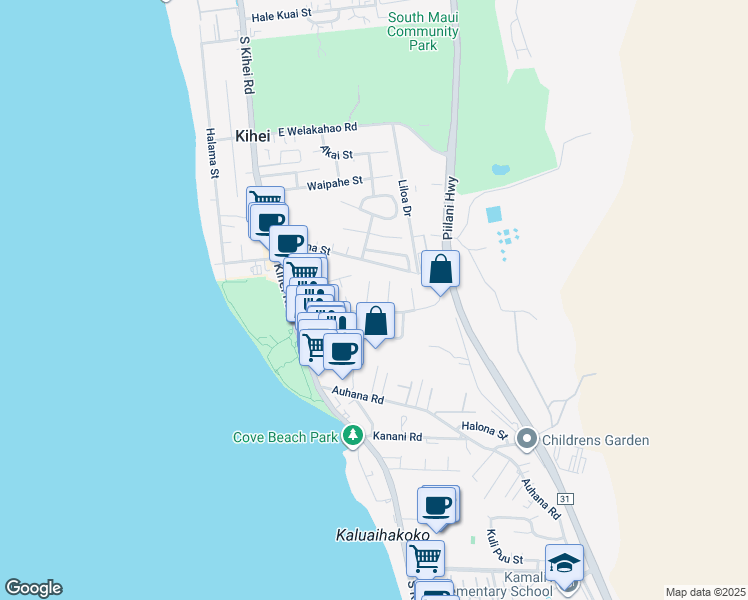 map of restaurants, bars, coffee shops, grocery stores, and more near 1901 Kaahele Place in Kihei