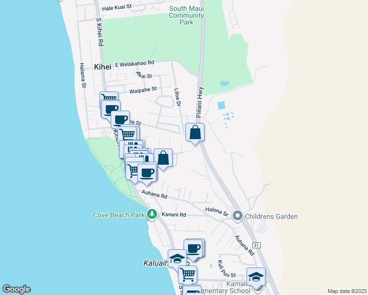 map of restaurants, bars, coffee shops, grocery stores, and more near 16 Hoolalei Way in Kihei