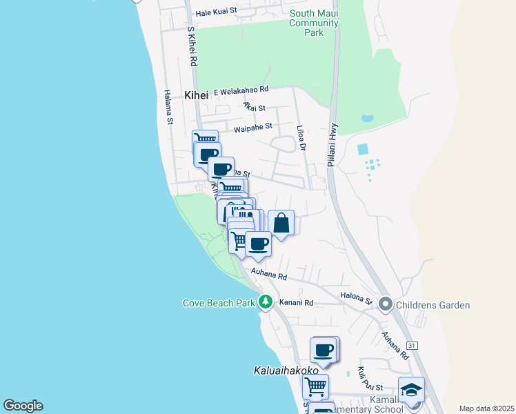 map of restaurants, bars, coffee shops, grocery stores, and more near 75 Keala Place in Kihei