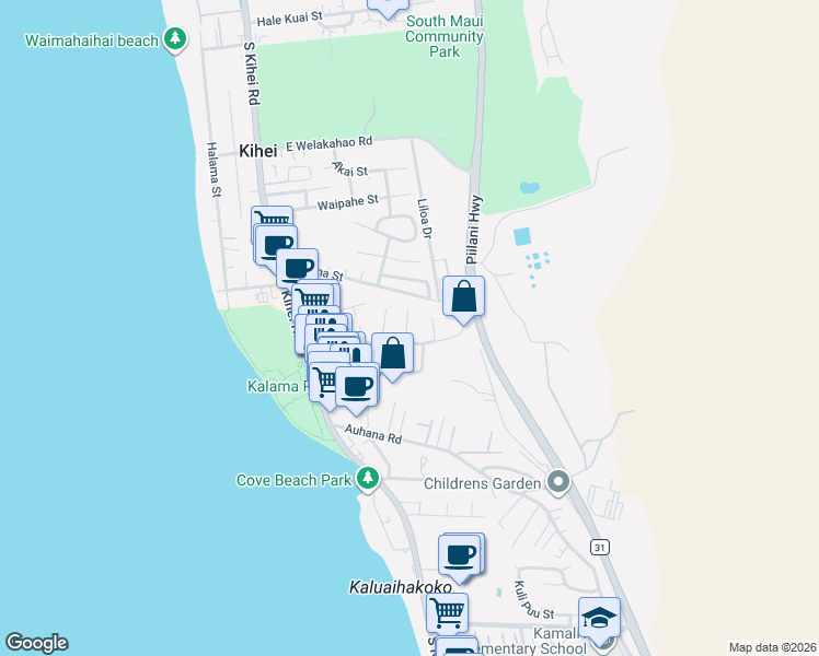 map of restaurants, bars, coffee shops, grocery stores, and more near 1881 Anapa Place in Kihei