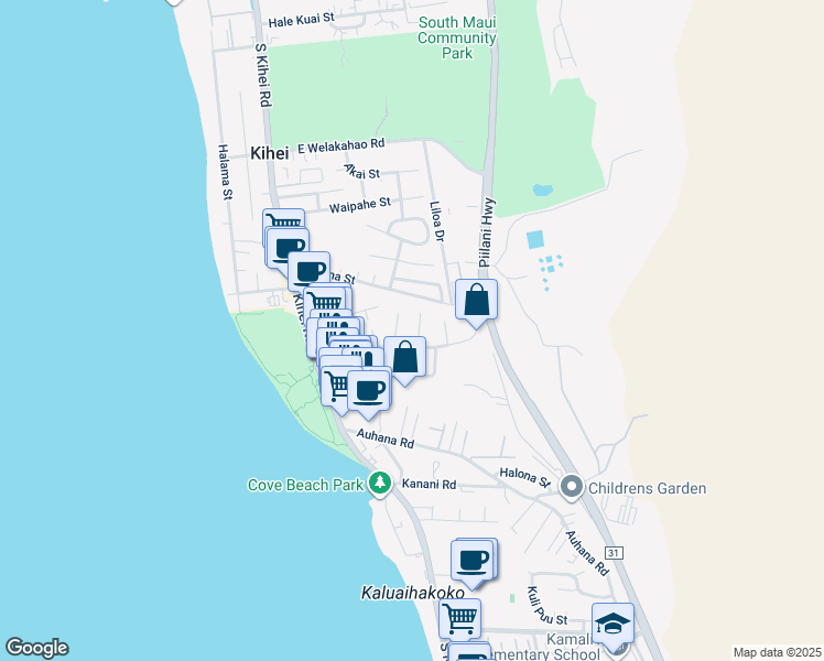 map of restaurants, bars, coffee shops, grocery stores, and more near 1880 Anapa Place in Kihei