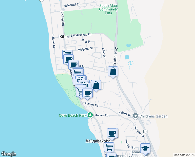 map of restaurants, bars, coffee shops, grocery stores, and more near 1880 Anapa Place in Kihei