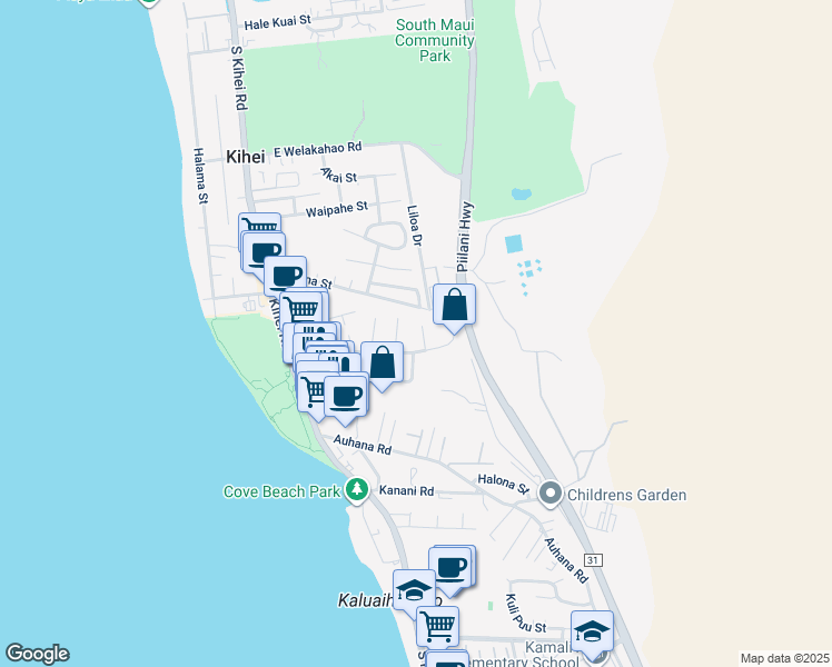 map of restaurants, bars, coffee shops, grocery stores, and more near 25 Hoolalei Way in Kihei