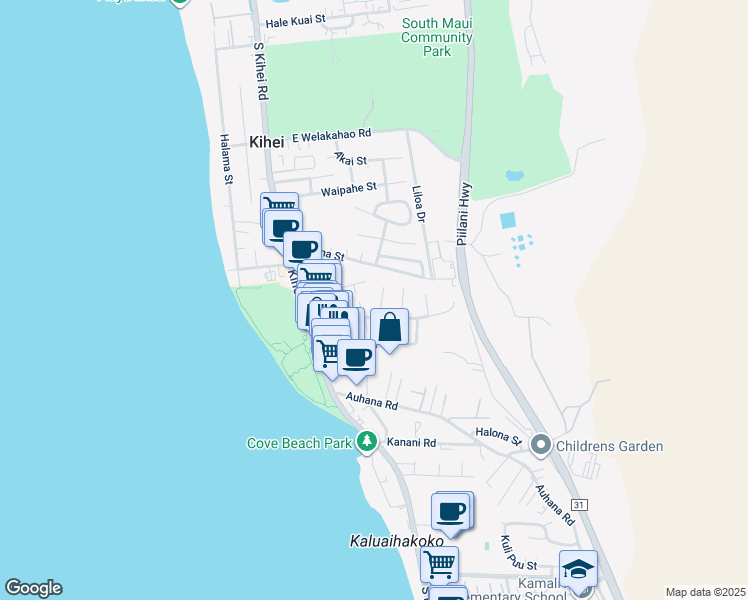 map of restaurants, bars, coffee shops, grocery stores, and more near 1896 Kaahele Place in Kihei