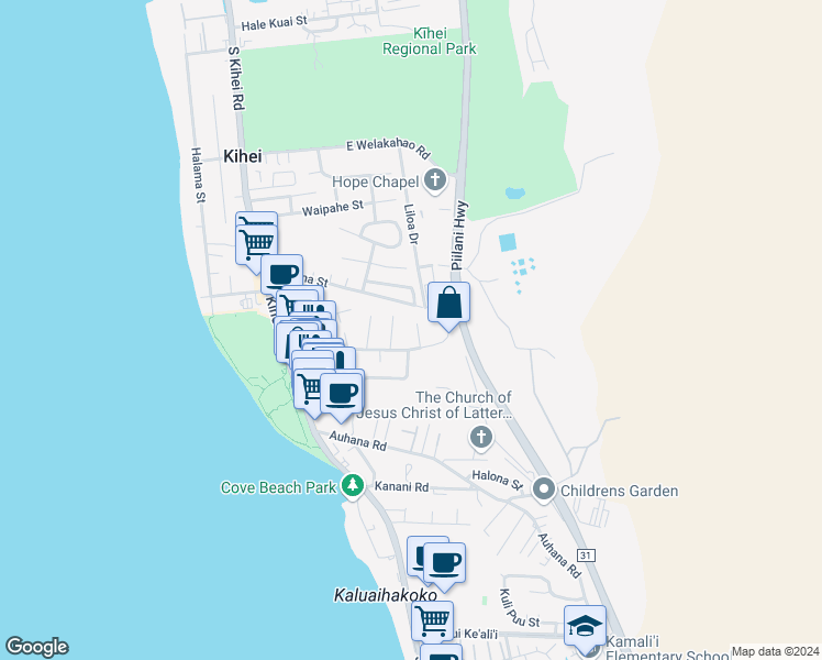 map of restaurants, bars, coffee shops, grocery stores, and more near 25 Hoolalei Way in Kihei