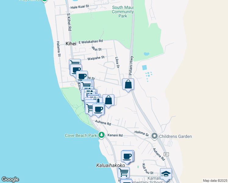 map of restaurants, bars, coffee shops, grocery stores, and more near 1875 Anapa Place in Kihei