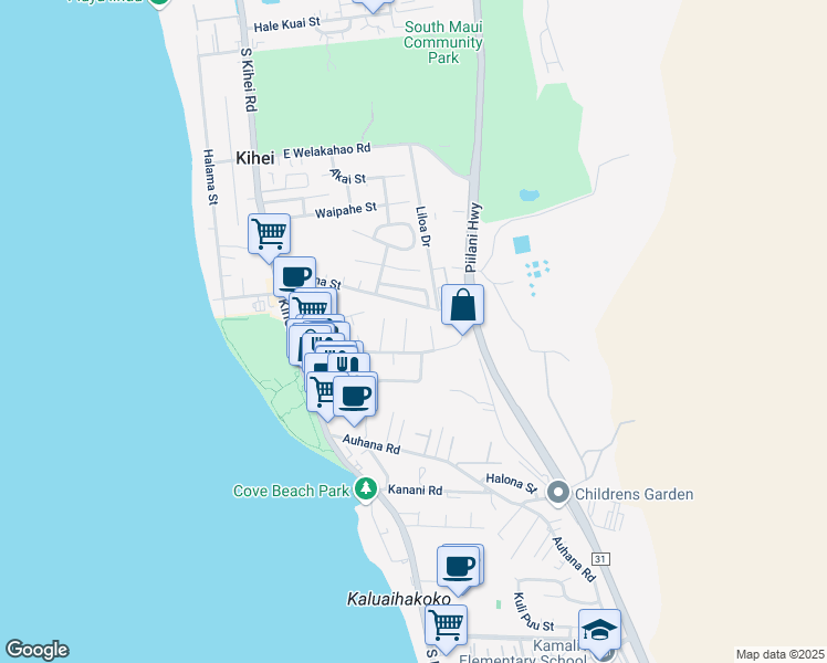 map of restaurants, bars, coffee shops, grocery stores, and more near 1875 Anapa Place in Kihei