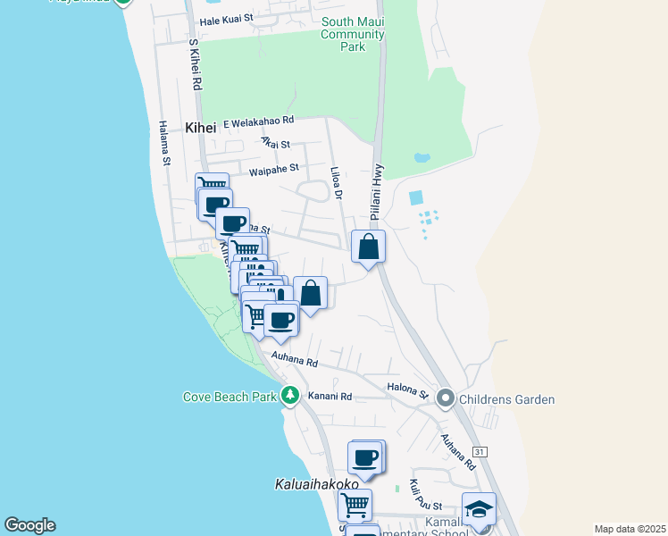 map of restaurants, bars, coffee shops, grocery stores, and more near 19 Hoolalei Way in Kihei