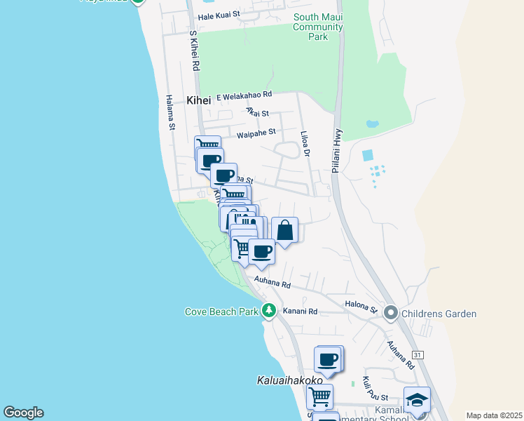 map of restaurants, bars, coffee shops, grocery stores, and more near 70 Halelani Place in Kihei