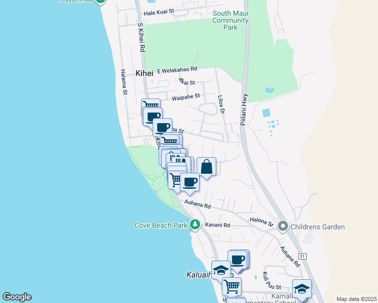 map of restaurants, bars, coffee shops, grocery stores, and more near 70 Halelani Place in Kihei