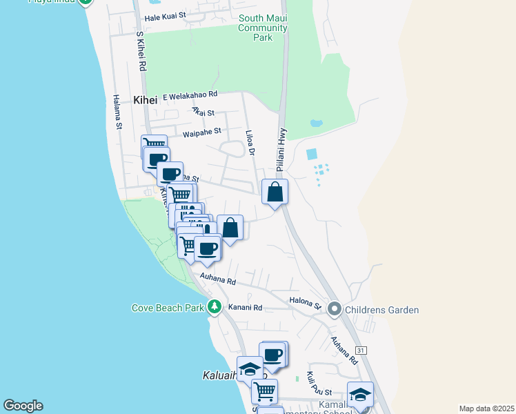 map of restaurants, bars, coffee shops, grocery stores, and more near 28 Hoolalei Way in Kihei