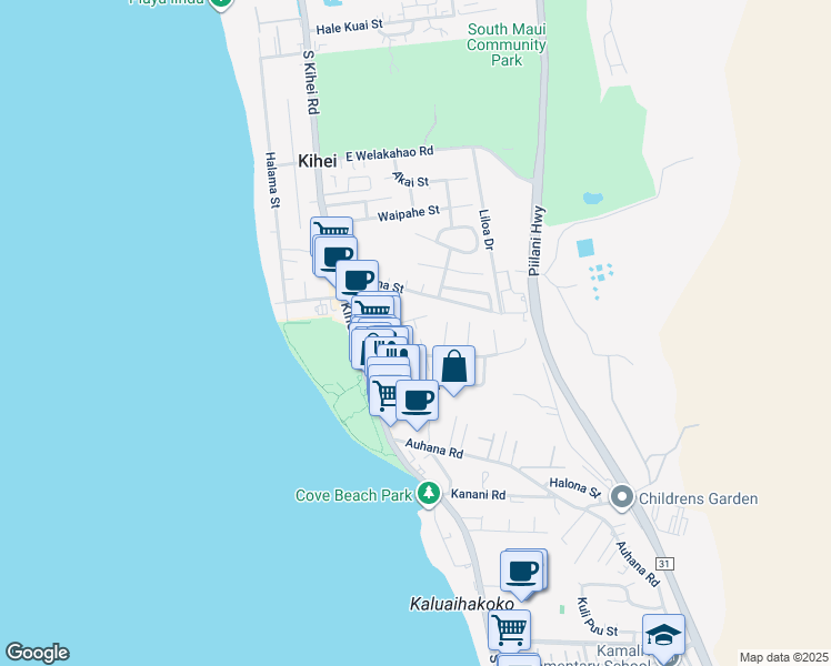 map of restaurants, bars, coffee shops, grocery stores, and more near 70 Halelani Place in Kihei