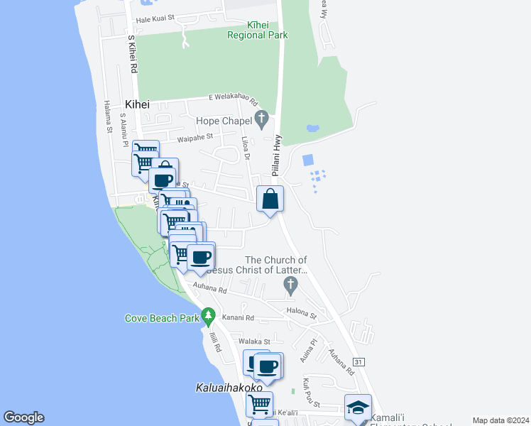 map of restaurants, bars, coffee shops, grocery stores, and more near 235 Keala Place in Kihei