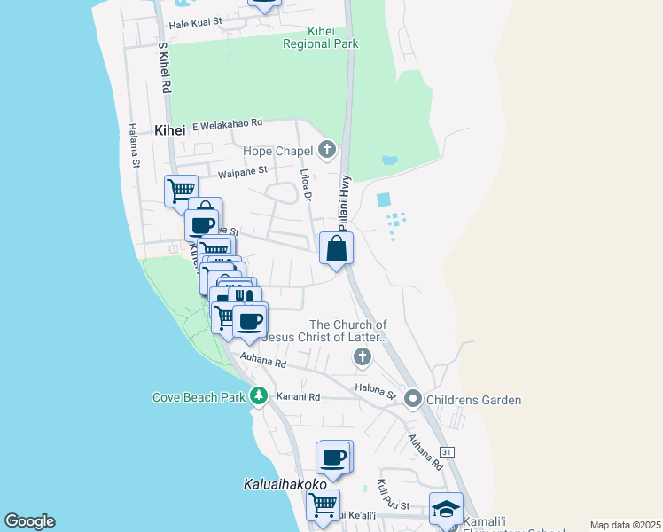 map of restaurants, bars, coffee shops, grocery stores, and more near 212 Kupuna Street in Kihei