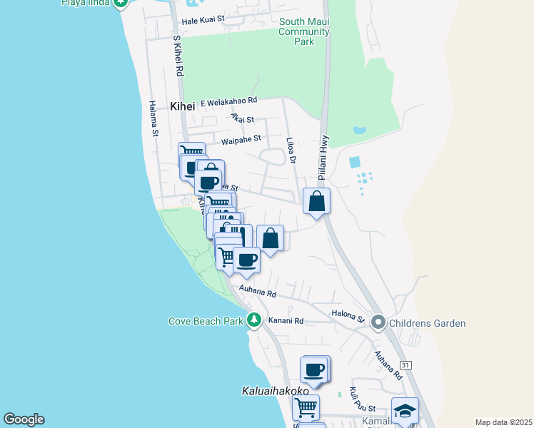 map of restaurants, bars, coffee shops, grocery stores, and more near 1881 Kaahele Place in Kihei