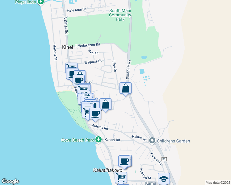 map of restaurants, bars, coffee shops, grocery stores, and more near 40 Hoolalei Way in Kihei