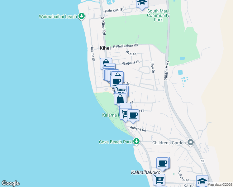 map of restaurants, bars, coffee shops, grocery stores, and more near 1847 South Kihei Road in Kihei