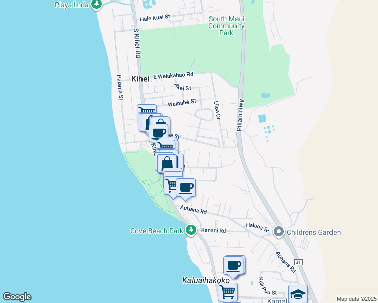map of restaurants, bars, coffee shops, grocery stores, and more near 82 Halelani Place in Kihei