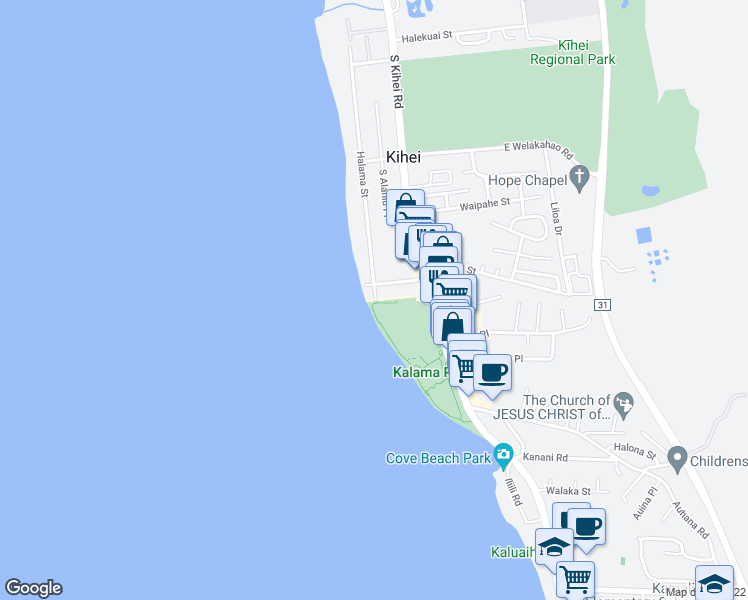 map of restaurants, bars, coffee shops, grocery stores, and more near 1816 Halama Street in Kihei