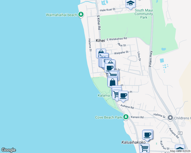 map of restaurants, bars, coffee shops, grocery stores, and more near 1821 Halama Street in Kihei