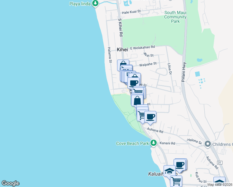 map of restaurants, bars, coffee shops, grocery stores, and more near 1821 Halama Street in Kihei