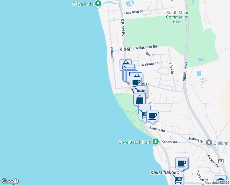 map of restaurants, bars, coffee shops, grocery stores, and more near 1816 Halama Street in Kihei