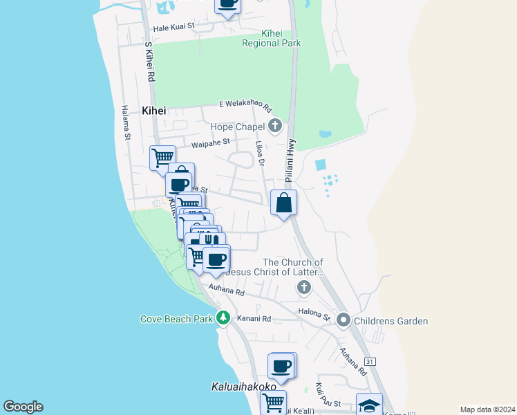 map of restaurants, bars, coffee shops, grocery stores, and more near 198 Kupuna Street in Kihei