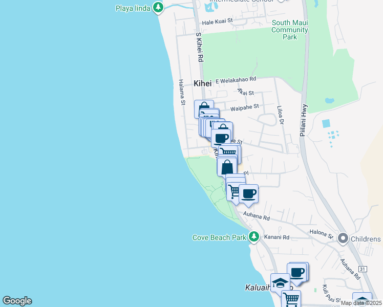 map of restaurants, bars, coffee shops, grocery stores, and more near 1815 Halama Street in Kihei