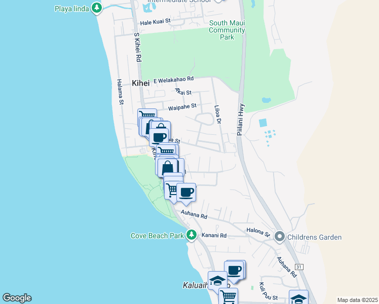 map of restaurants, bars, coffee shops, grocery stores, and more near 85 Halelani Place in Kihei