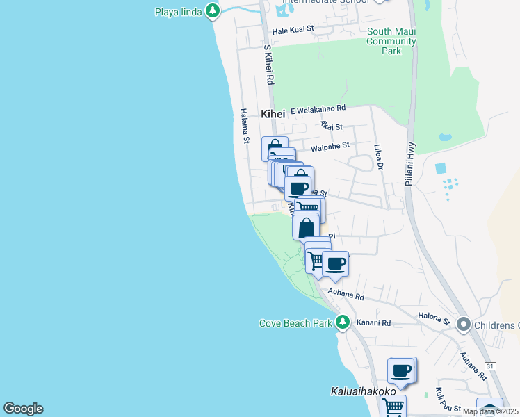 map of restaurants, bars, coffee shops, grocery stores, and more near 1815 Halama Street in Kihei