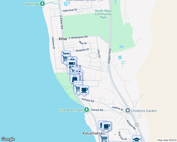 map of restaurants, bars, coffee shops, grocery stores, and more near 1870 Kaahele Place in Kihei