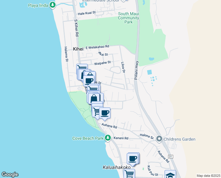 map of restaurants, bars, coffee shops, grocery stores, and more near 1870 Kaahele Place in Kihei