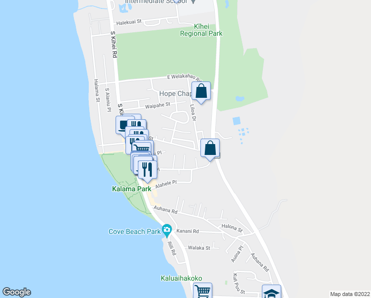 map of restaurants, bars, coffee shops, grocery stores, and more near 176 Kupuna Street in Kihei