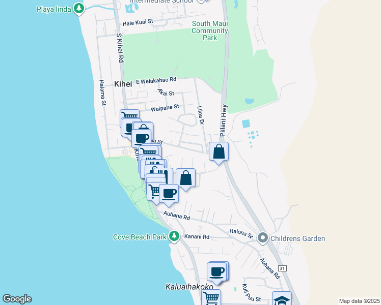 map of restaurants, bars, coffee shops, grocery stores, and more near 168 Kupuna Street in Kihei