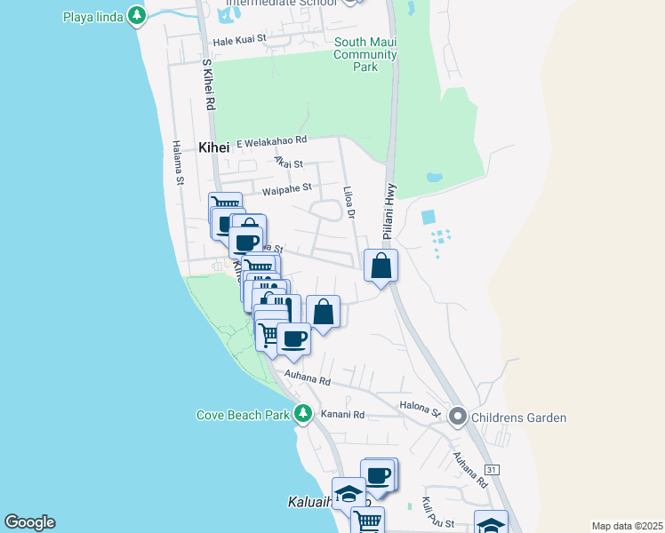 map of restaurants, bars, coffee shops, grocery stores, and more near 168 Kupuna Street in Kihei